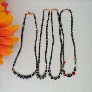 Lot of 4 Vintage Hematite and Orange Bead Single Strand Collar Necklace 16" Long